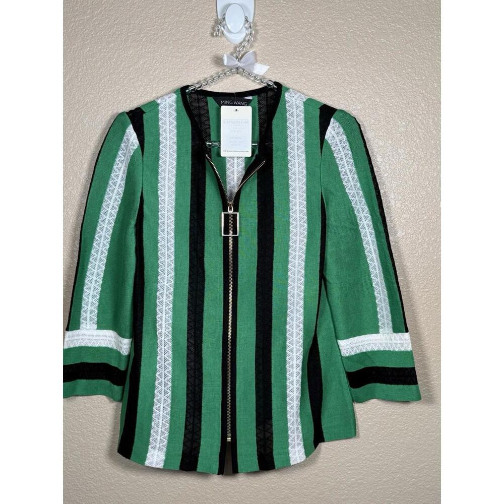 Ming‎ Wang Women Knit Zip-Up  Size XS Jacket Green Black White 3/4 Sleeve